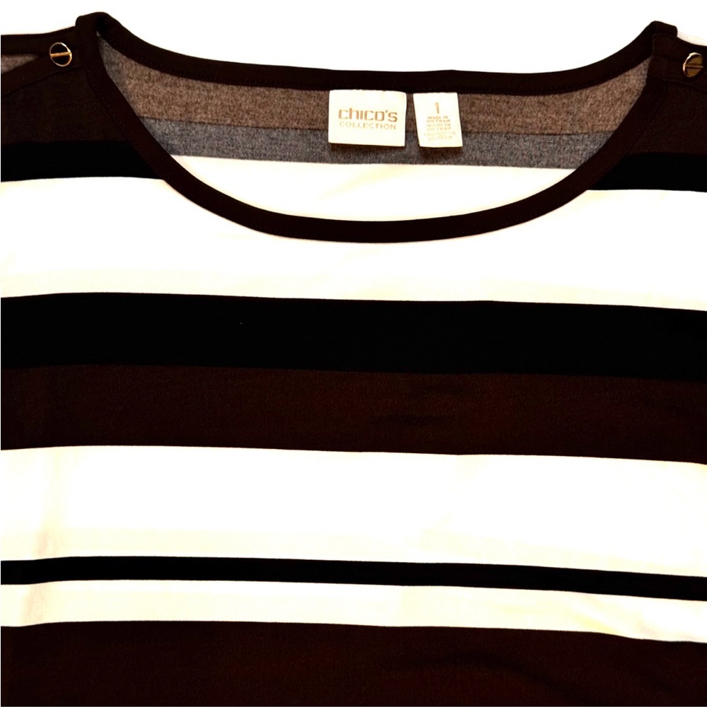 Chico's Classic Striped Black Brown and White Pattern Maxi Dress - Picture 2 of 11